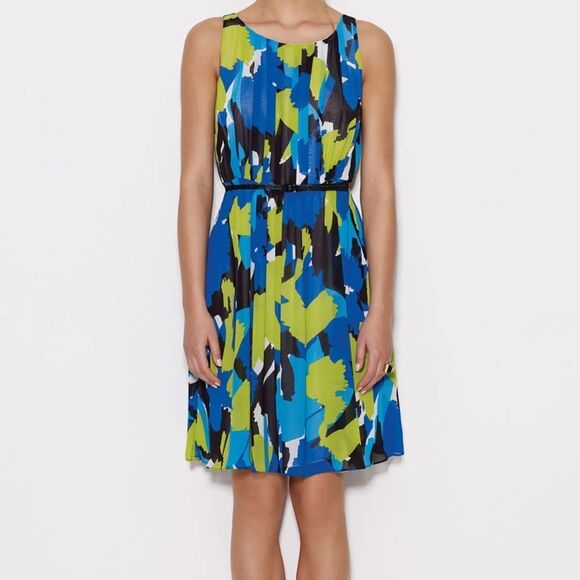 Vince Camuto Dress Women’s Green Blue Abstract Sleeveless Belted Pleated Lined 6 - Picture 2 of 13